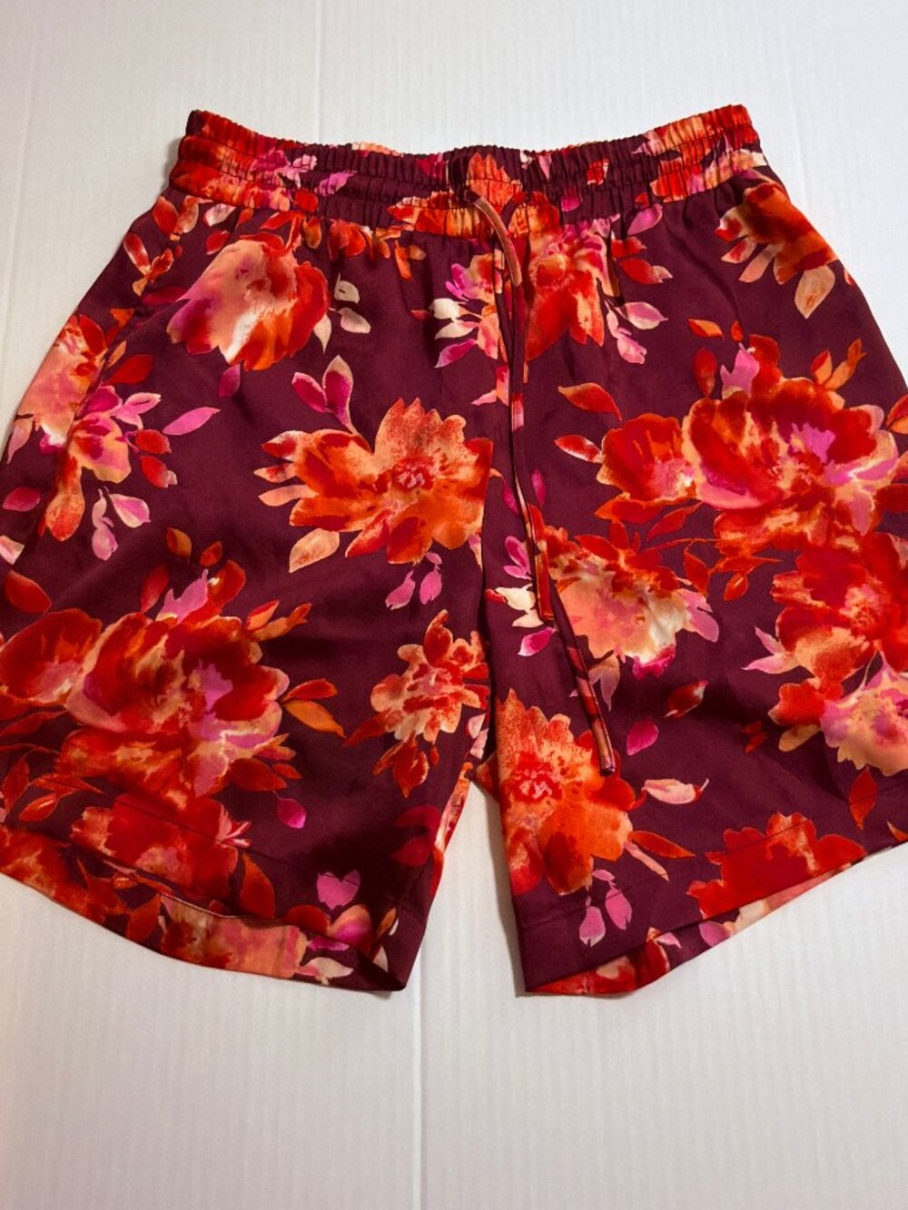 Colleen Lopez Satin Pull On Shorts Floral Red Orange Pink Elastic Size M